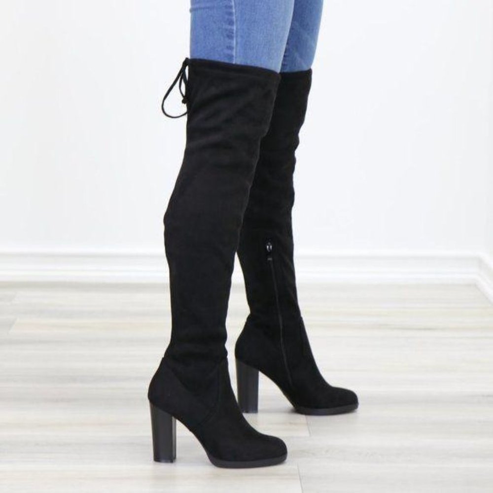 Tie Back Over Knee Heeled Sleek Boots Suede Black - Picture 2 of 15